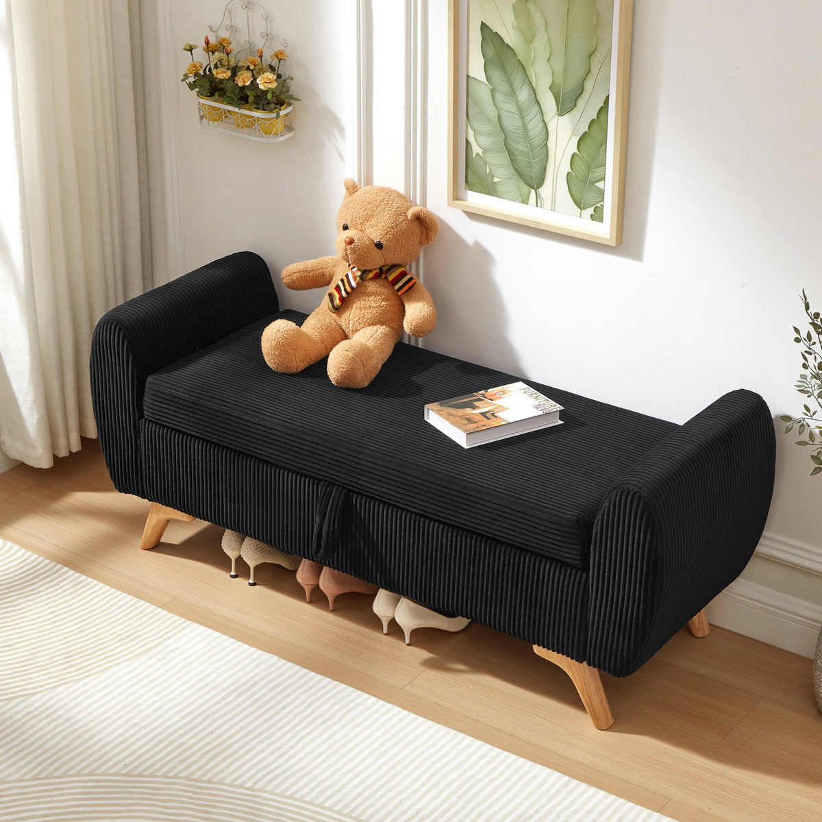 57"Modern Design Corduroy Upholstered with Storage Bed Bench,Wood Legs Bench for Bed Room,Hall Way Black