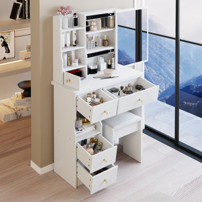 29.2" Small Space Left Drawer Desktop Vanity Table + Cushioned Stool, Extra Large Right sliding mirror, Multi Layer High Capacity Storage – Model W3258P299609