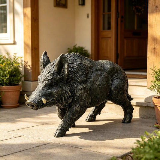 12.20" H x 21.26" L Simulated Wild Boar Resin Garden Statue, Indoor & Outdoor Decorative Ornament, Lawn & Courtyard Art Craft Decoration