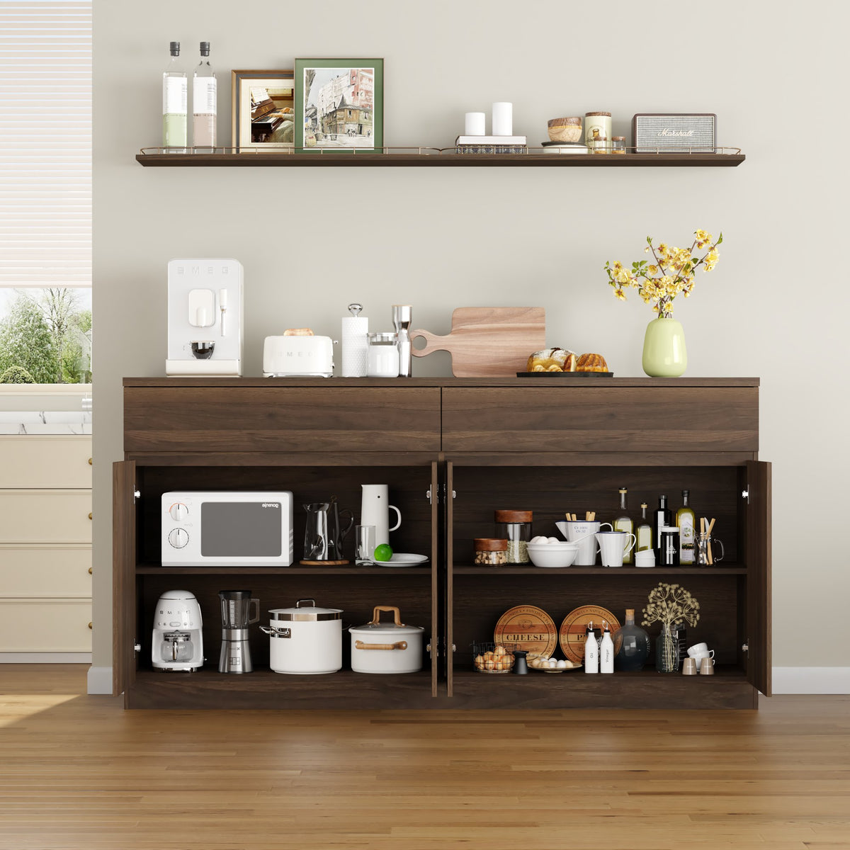63.1" Sideboard Buffet Cabinet with Storage,Large Kitchen Storage Cabinet with 2 Drawers and 4 Doors, Wood Coffee Bar Buffet Table for Kitchen Dining Room, Walnut