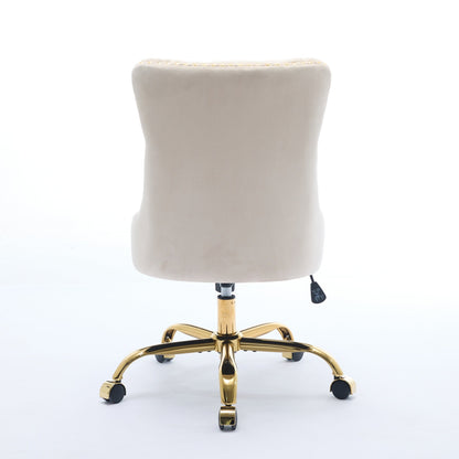 A&A Furniture Office Chair, Modern Velvet Upholstered Tufted Button Home Office Chair with Golden Metal Base - Beige