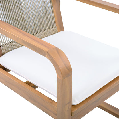 2-Piece Outdoor Dining Chairs Set: Acacia Wood with Multi Brown Rope Back & Beige Cushion, Water Repellent Fabric, 400 lbs Capacity, Light Teak Finish
