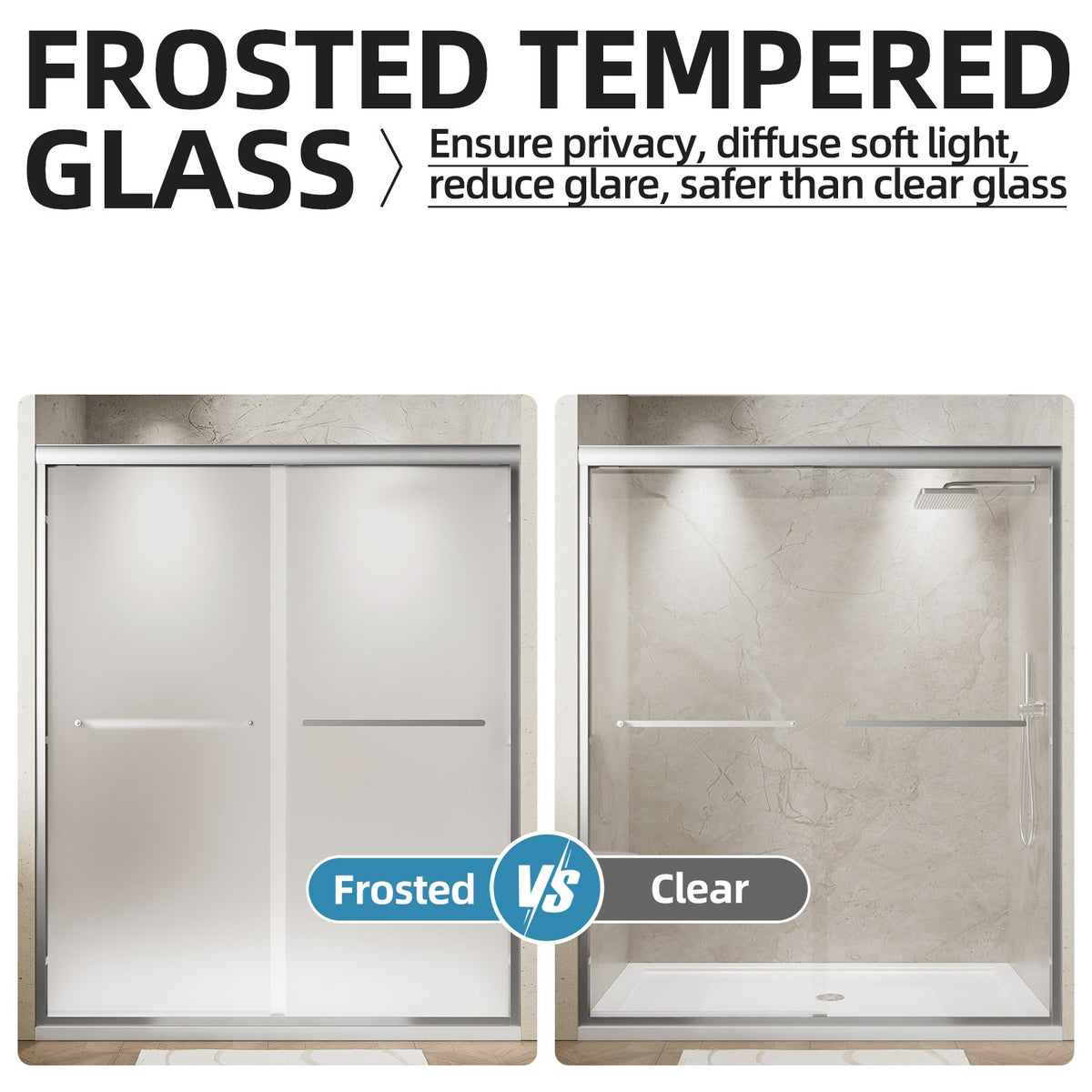 56-60" W x 72" H Framed Double Sliding Shower Door, 1/4" (6mm) Frosted Ultra-Clear Tempered Glass with nano self-cleaning coating, Brushed Nickel Finish, Reversible Installation