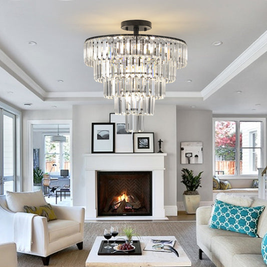 20" Black Crystal Chandelier Ceiling Light, Modern Luxury 10-Light Flush Mount Light Fixture, Elegant Home Lighting, Bedroom (No Bulbs)