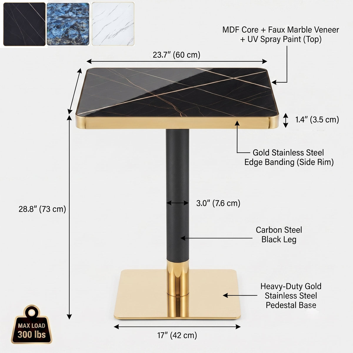 24" Square Faux Black Marble Bistro Table, 28.8" High Modern Dining Table with High Gloss UV Finish & Gold Metal Trim Edge, Heavy-Duty Stainless Steel Base Frame for Small Spaces, Cafe, Kitchen, Bistr