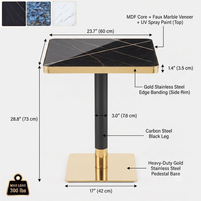24" Square Faux Black Marble Bistro Table, 28.8" High Modern Dining Table with High Gloss UV Finish & Gold Metal Trim Edge, Heavy-Duty Stainless Steel Base Frame for Small Spaces, Cafe, Kitchen, Bistr