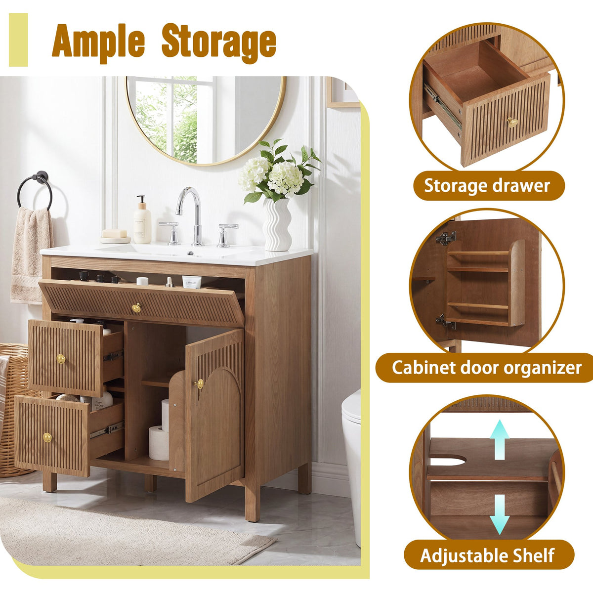 30 Inch Freestanding Farmhouse Bathroom Vanity with Integrated White Ceramic Sink Top, Smooth Finish Natural Acacia Wood Veneer Herringbone Chevron Cabinet, Soft Close Doors & Full Extension Drawer, B