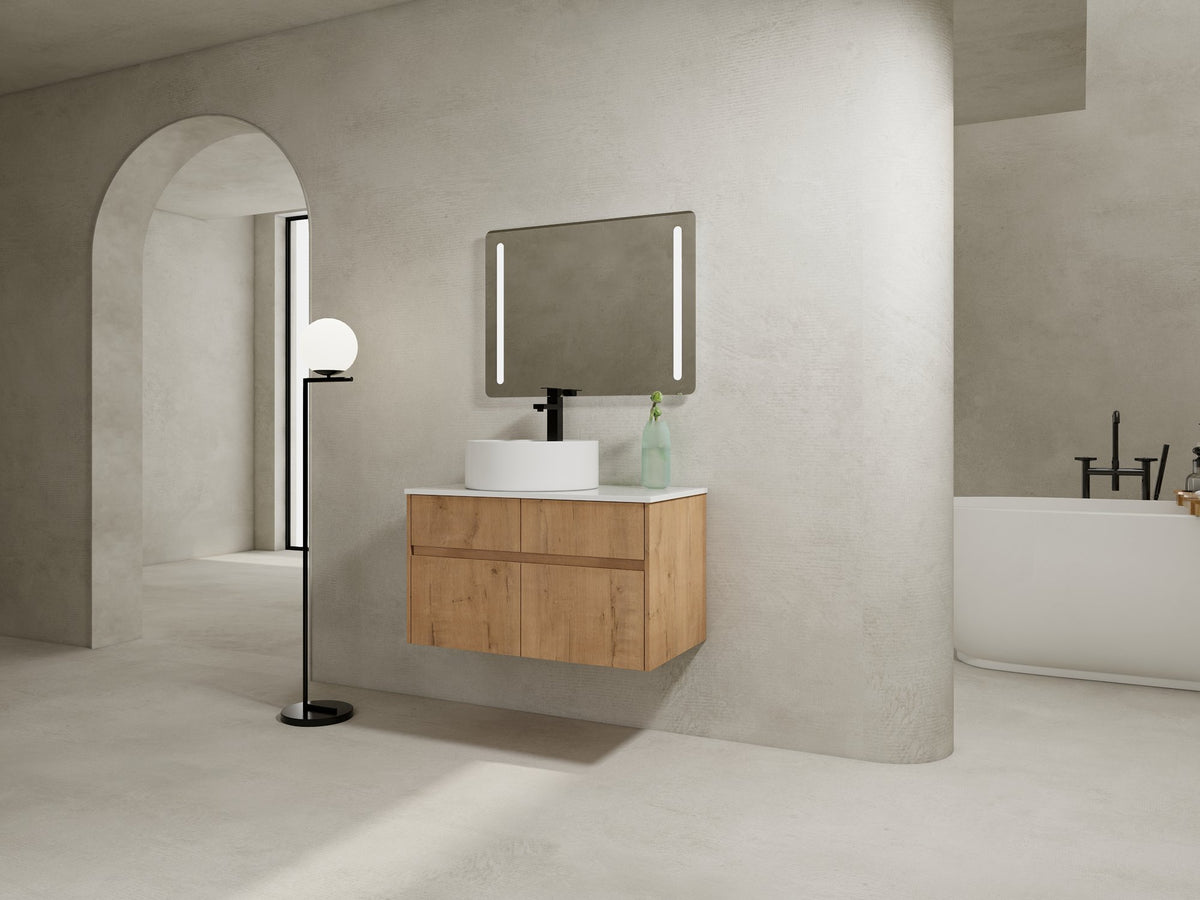 32(31-1/2") Inch Wall-Mounted Bathroom Vanity with Ceramic Art Sink and Countertop Flat Plate, 2-Soft Close Doors and 1-Drawer, KD-Packing, Plywood - BAB3098MOWH