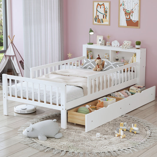 Twin Size Bed with Headboard Storage Rack, Two Under-Bed Drawers, Three-Side Guardrails for Safety and Security, White