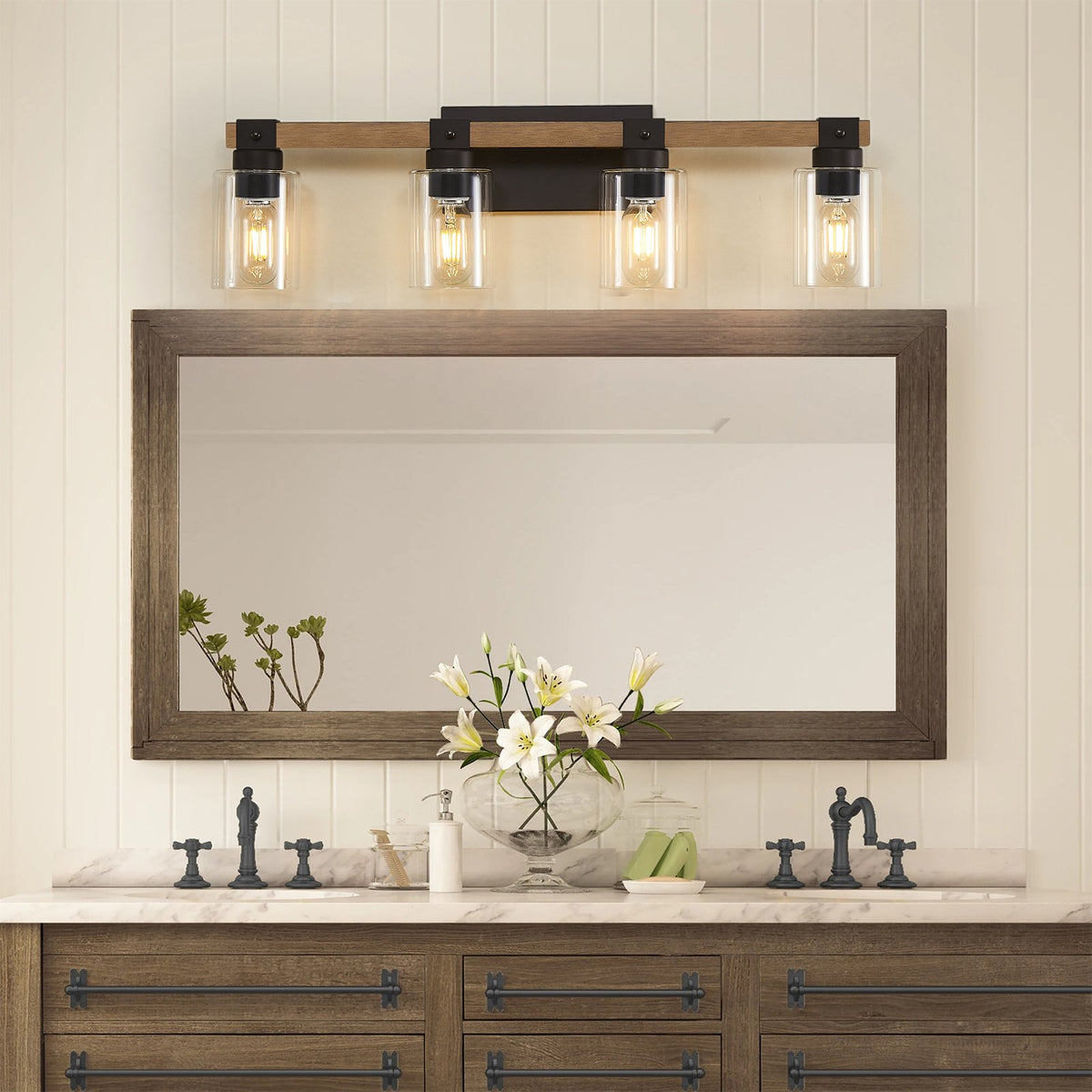 4-Light Farmhouse Vanity Light, Antique Wood Bathroom Wall Light with Clear Glass Shades, Mirror Lighting for Bedroom & Hallway, No Bulbs Included