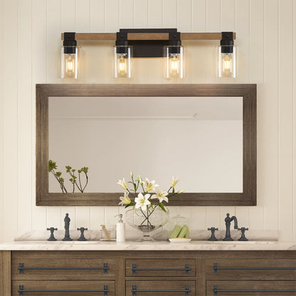 4-Light Farmhouse Vanity Light, Antique Wood Bathroom Wall Light with Clear Glass Shades, Mirror Lighting for Bedroom & Hallway, No Bulbs Included