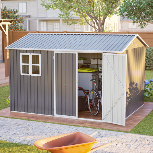 10'x8" Oversized Steel Storage Shed with Window, Lockable Doors & Sloped Roof, Heavy Duty Outdoor Tool Shed, Lawn - Dark Gray