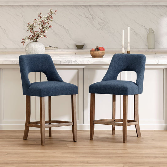 Bar Stools Set of 2, Upholstered Counter Height Bar Stools, Modern Counter Stools with Wood Legs for Kitchen Island Dining Room Bar, NAVY