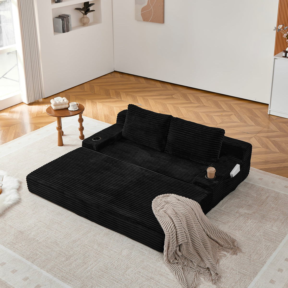 70.8-inch corduroy two-in-one sofa bed, featuring a lounge chair with two throw pillows, built-in cup holders in the armrests, and side storage pockets-ideal for living rooms, bedrooms, and relaxation