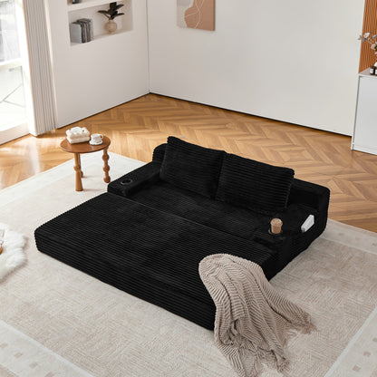 70.8-inch corduroy two-in-one sofa bed, featuring a lounge chair with two throw pillows, built-in cup holders in the armrests, and side storage pockets-ideal for living rooms, bedrooms, and relaxation