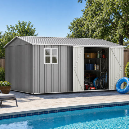 14x10 FT Outdoor Storage Shed, 780 cu.ft Large Metal Tool Shed with Built-in Foundation Frame, Double Doors & Air Vents, Galvanized Steel Sloped Roof – For Backyard, Patio, Poolside, Garden