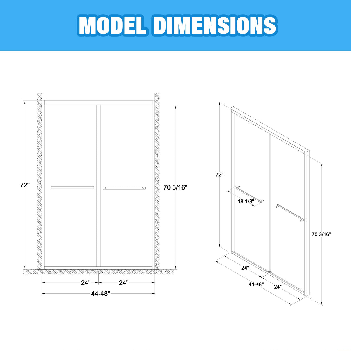 44-48'x72" Aluminum Frame Double Sliding Shower Door, Bypass Bathroom Sliding Door with Premium 5/16" Clear Tempered Glass