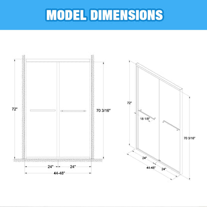 44-48'x72" Aluminum Frame Double Sliding Shower Door, Bypass Bathroom Sliding Door with Premium 5/16" Clear Tempered Glass
