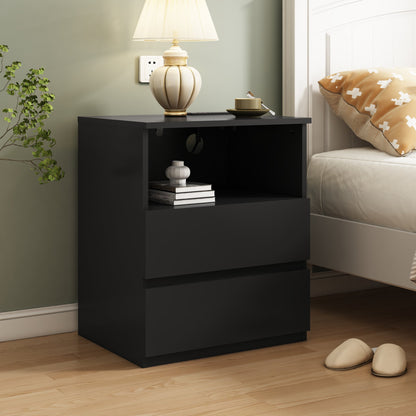(Set of 2)End Table with Fast USB C Charging Station, Sofa Side Table with 2 Drawers, Large Storage Modern Wood Storage Cabinet, Black