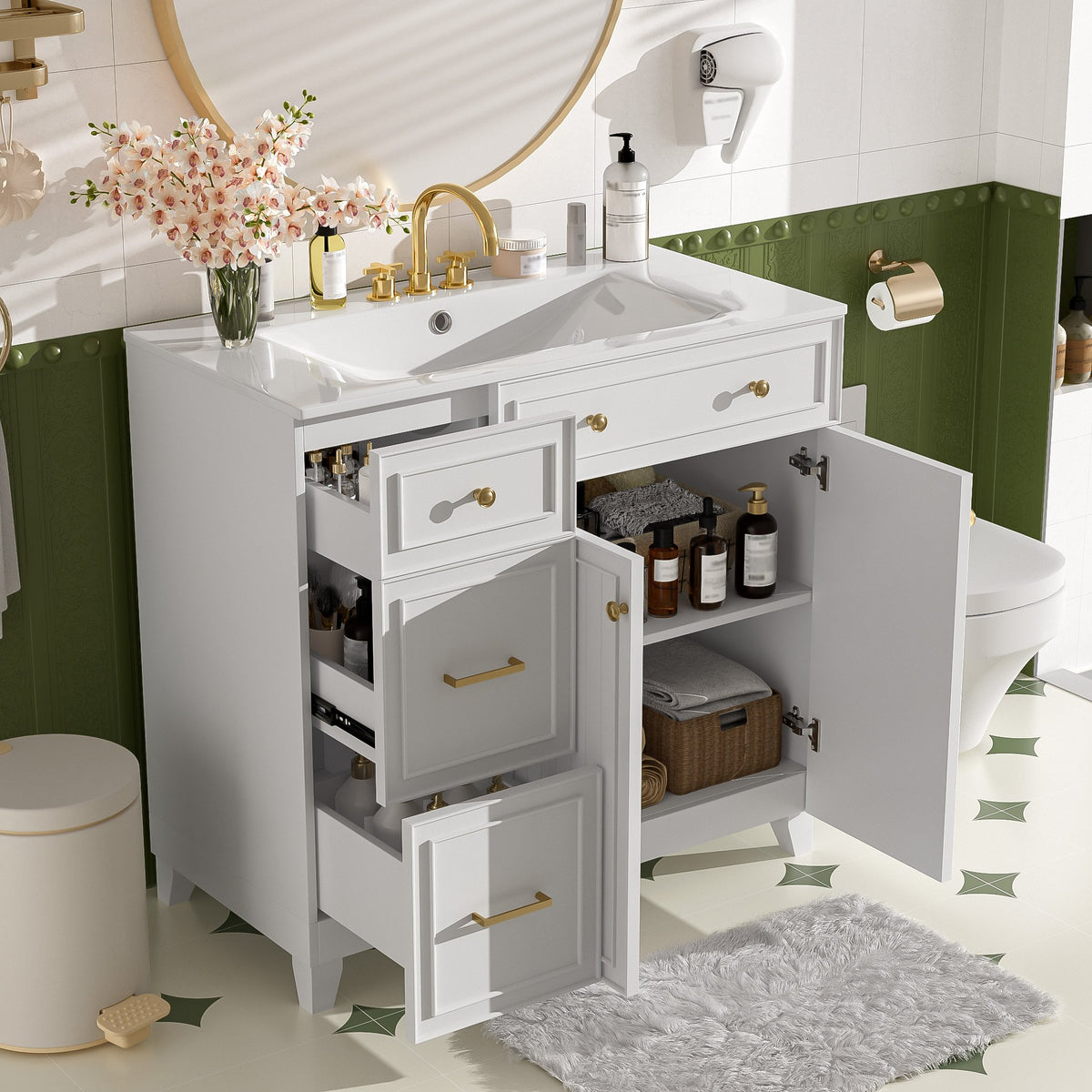 36" Modern Bathroom Vanity with Ceramic Sink, Soft Close Doors, Adjustable Shelves, Solid Wood Frame+MDF