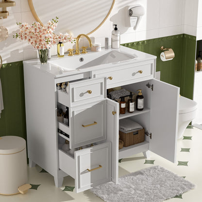 36" Modern Bathroom Vanity with Ceramic Sink, Soft Close Doors, Adjustable Shelves, Solid Wood Frame+MDF
