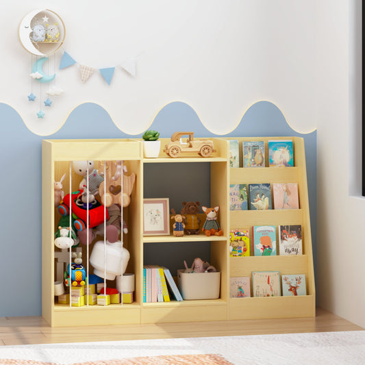 3-in-1 Kids Bookshelf and Toy Storage, 4-Tier Book Shelf for Kids Rooms, Sling Baby Bookcase with Stuffed Animal Storage, Toddler Montessori Bookshelf for Nursery, Playroom, Kindergarten, Natural