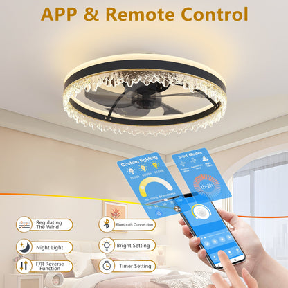 20-inch Black Smart Ceiling Fan Light with Silent Function, Multi-Speed Adjustment, Study Room