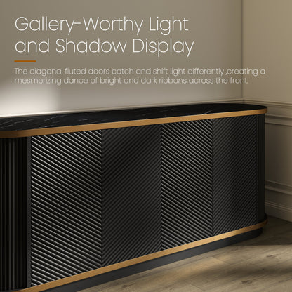 63" Diagonal Fluted Sideboard Cabinet with Storage, 4-Door Buffet Credenza TV Stand with Gold Trim, Black Faux Marble-Top Console Table, Modern Storage Cabinet for Dining Room, Living Room, Black
