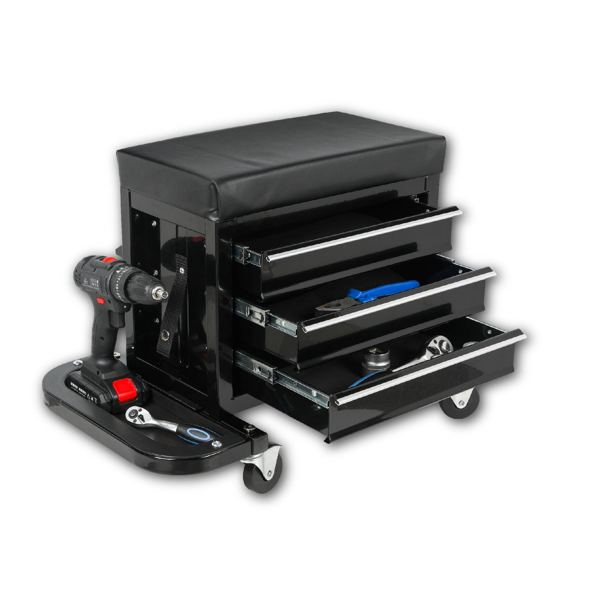 3-Drawer Tool Chest Rolling Mechanic Seat with Tool Trays, 350lbs Max Weight Capacity, Black