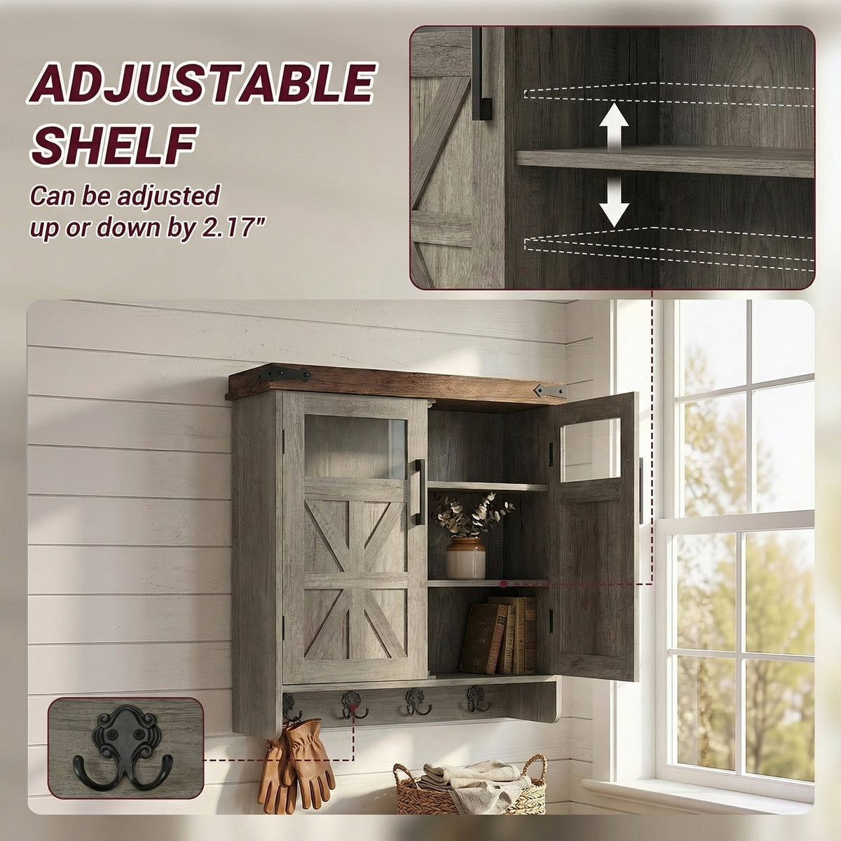 Bathroom Wall Cabinet Wall, Over Toilet Storage Cabinet, Bathroom Medicine Cabinet with Adjustable Shelves & Hook, Farmhouse Bathroom Storage for Small Bathrooms, Kitchen, Laundry