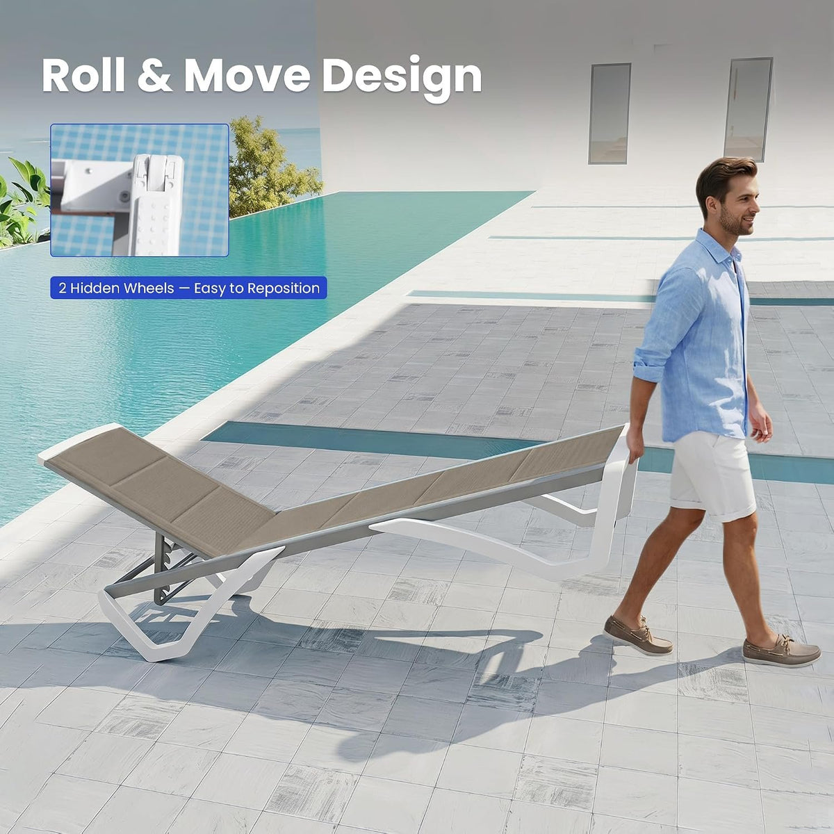 3D Pool Patio Lounger Chair Outdoor Chaise Lounge Chair, Brown, Aluminum Frame, All Weather Pool Lounge Chair for Deck Lawn Backyard