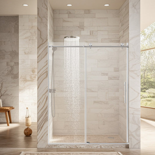 56-60" W * 76" H Stainless Steel Round Tube Frameless Single Sliding Shower Door, 1/4'-thick SGCC Clear Tempered Glass Door – Brushed Nickel