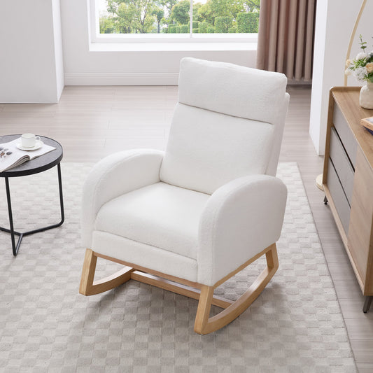 015B-Teddy Fabric Leisure Rocking Chair, Nursery Rocking Chair With Adjustable Footstool, Thickened Headrest And High Backrest