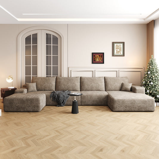 135" Cloud Sectional Sofa with 1 Ottoman,Modern Minimalist Upholstered Couches, Comfort U Shaped Sofa for Living Room,Deep Seat Corner Couch,No Assembly Required,Camel(Plush Corduroy Fabric)