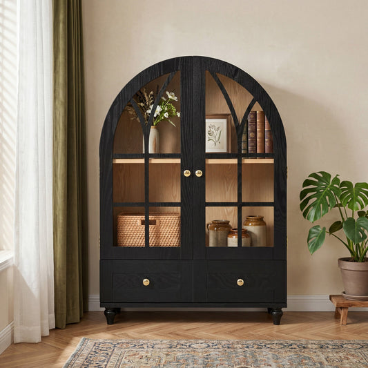 Arched Display Cabinet with Tempered Glass Doors, Wood Storage Cabinet with Natural Wood Grain Finish, Solid Wood Legs Accent Cabinet with Drawers for Living Room, Dining Room, Office