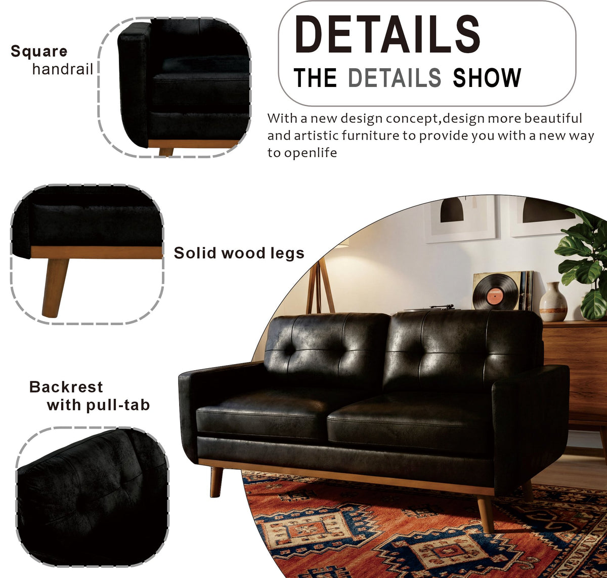 65-inch t Two-Seater Sofa in with Breathable Foil Fabric and Solid Wood Legs – Black