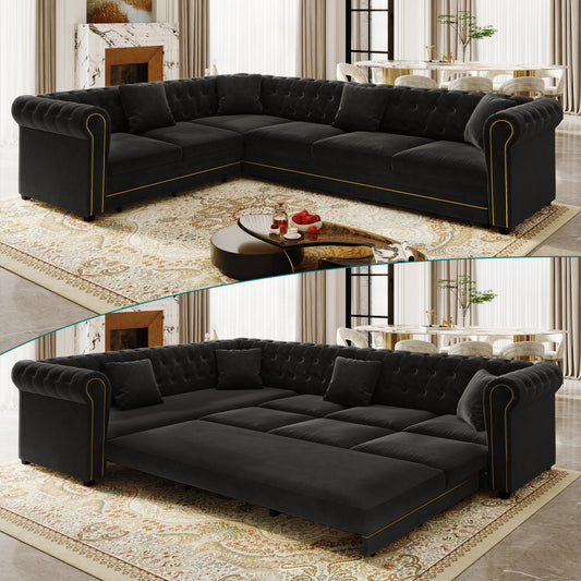 115.3" L-Shaped Sofa Couch with Pull-Out Bed, Oversize Convertible Sleeper, Velvet Button Tufted Couch, Gold Trim Rolled Arms, Oversized Deep Seat Luxury Sofa with Throw Pillows for Living Room, Black