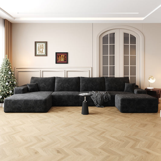 135" Cloud Sectional Sofa with 1 Ottoman,Modern Minimalist Upholstered Couches, Comfort U Shaped Sofa for Living Room,Deep Seat Corner Couch,No Assembly Required,Black (Plush Corduroy Fabric)