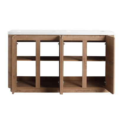 60'' Freestanding Bathroom Vanity with White Resin Sink, 4-Soft-Close Door, KD-Packing, Plywood, Imitative Oak