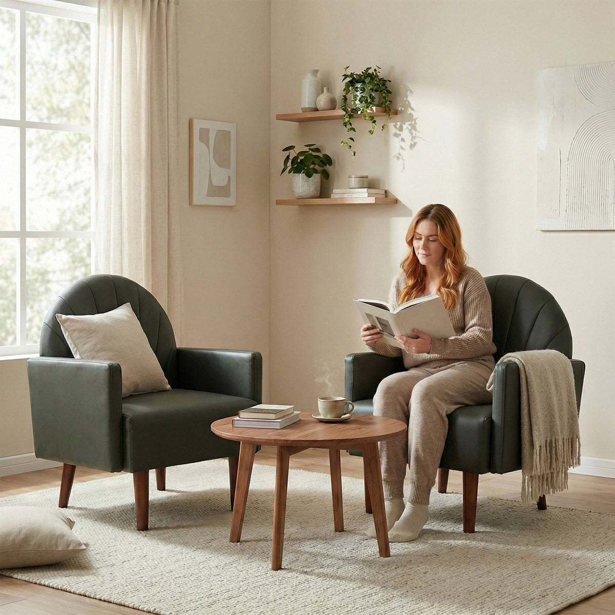 A contemporary shell-shaped armchair with PU leather upholstery and wooden legs, suitable for living rooms, balconies, children's rooms and studies.