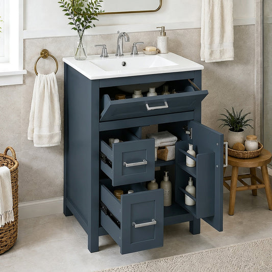 24 Inch Bathroom Vanity with Ceramic Sink, Solid Wood Frame with MDF Cabinet, Bathroom Storage Cabinet with 1 Door, Flip Drawer & 2 Drawers, Soft Close Hinges, Adjustable Shelf, Silver Handles
