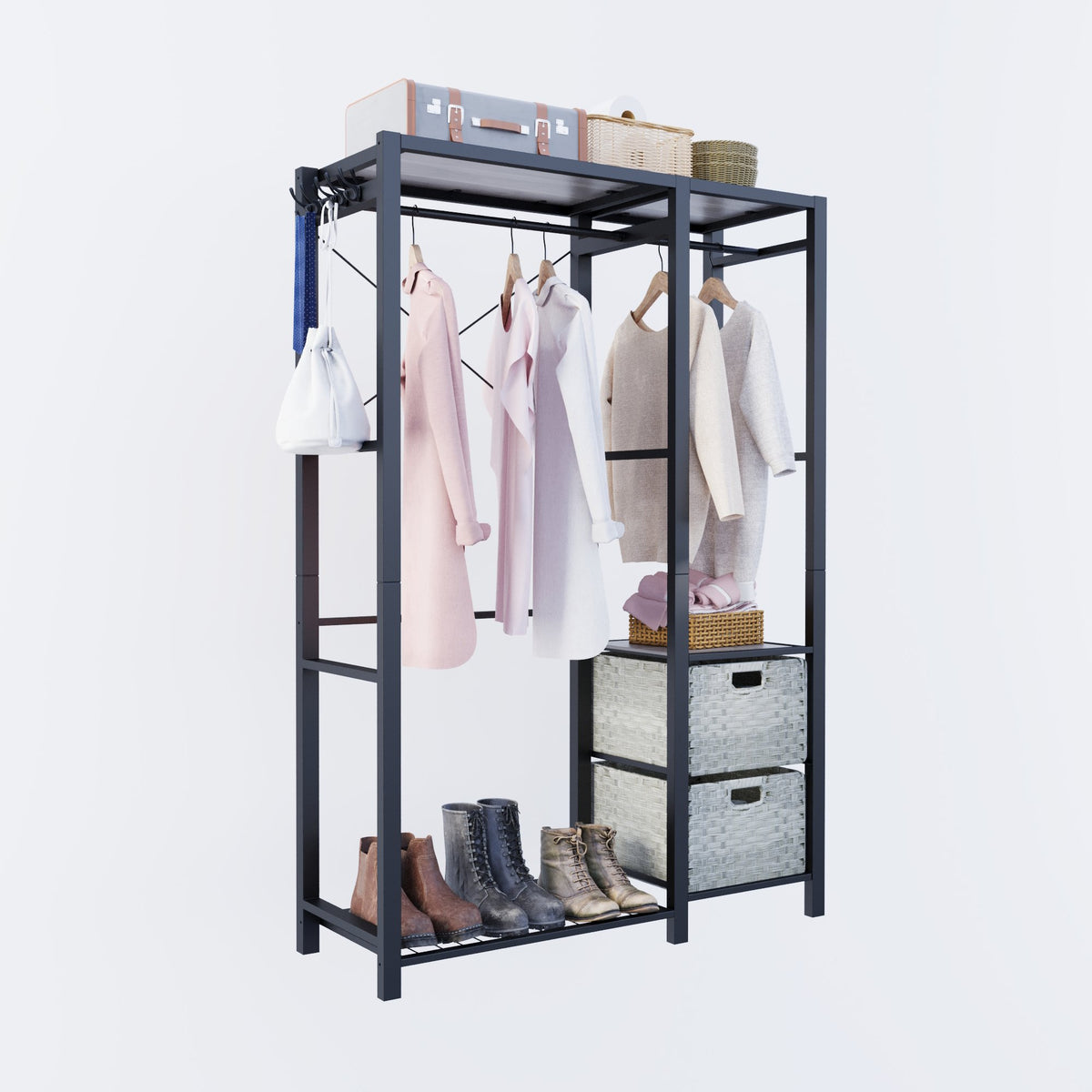 Acacia Wood Garment Racks with Shelves 2 Wicker Drawers and 4 Hooks Heavy Duty Closet Organizer for Hanging Clothes, Freestanding Closet Wardrobe Rack, Light Gray