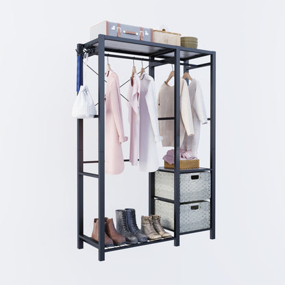 Acacia Wood Garment Racks with Shelves 2 Wicker Drawers and 4 Hooks Heavy Duty Closet Organizer for Hanging Clothes, Freestanding Closet Wardrobe Rack, Light Gray