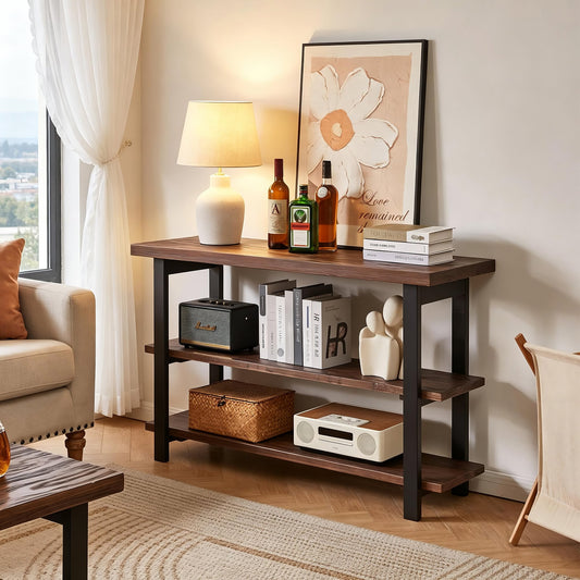 100% All‑Solid‑Wood Farmhouse Rustic Console Table, 3‑Tier Multi‑Layer Open Storage Sofa Table, Sturdy Heavy‑Duty Wood Build