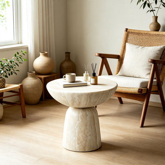 19.69''×19.69''×19.69'' Mushroom Shape Round Side Table, Faux Travertine Textured Fiberglass Accent End Table for Living Room Bedroom, No Assembly Required