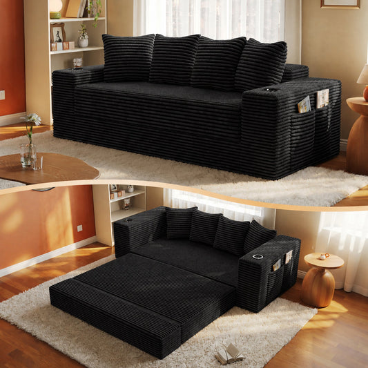 77-Inch Frameless Teddy Couch Bed, Boneless Corduroy Convertible Sofa with Cup Holders, Side Storage and 30 High-Density Foam, Compressed Floor Sleeper Sofa, Black