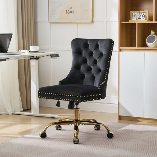 A&A Furniture Office Chair, Modern Velvet Upholstered Tufted Button Home Office Chair with Golden Metal Base - Black