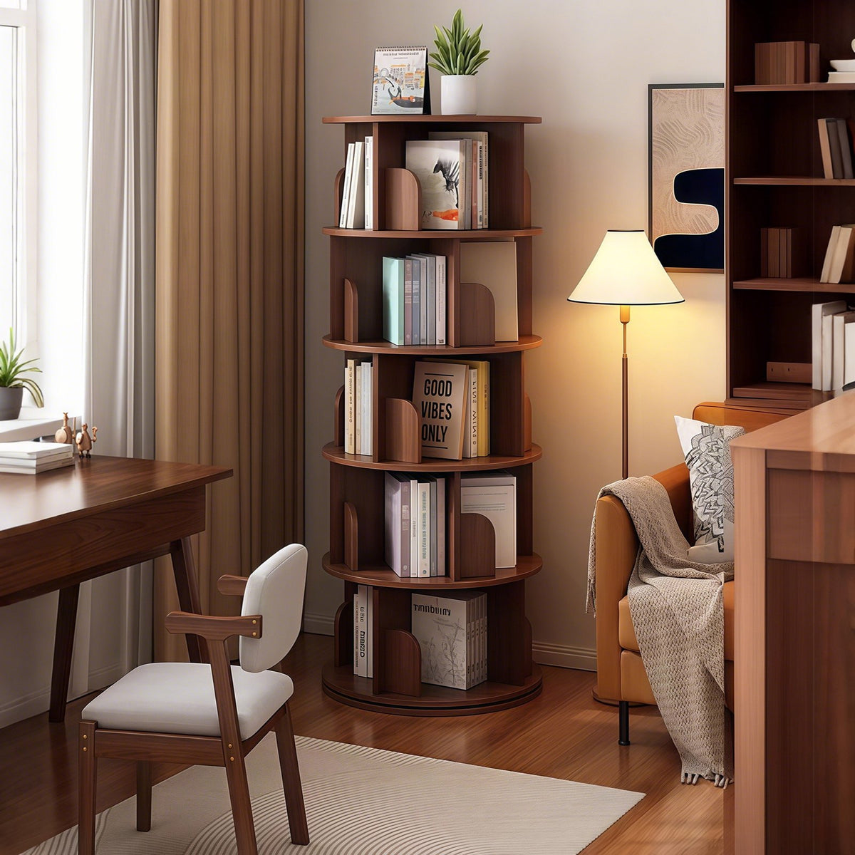 5 Tier Rotating Bookshelf, 360° Display Round Spinning Bookshelf, Space-Saving, Small Space Rotating Bookshelf Tower, Walnut