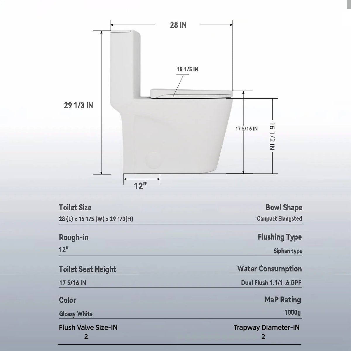 1.1/1.6 GPF Siphonic Flush One-Piece Toilet for bathrooms,Siphonic S-trap 12",Elongated Bowl with Soft Close Seat,Powerful Dual Flush MAP 1000g,Comfort Chair Seat ADA Height 17",Glossy White GW-001