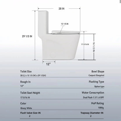 1.1/1.6 GPF Siphonic Flush One-Piece Toilet for bathrooms,Siphonic S-trap 12",Elongated Bowl with Soft Close Seat,Powerful Dual Flush MAP 1000g,Comfort Chair Seat ADA Height 17",Glossy White GW-001